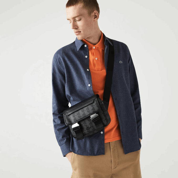 monograma noir gris h45 VVL0A2067 hombres Lacoste bolso messenger de lona con monograma recortado