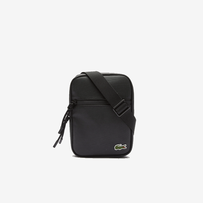 negro 000 VVL0A2018 hombres Lacoste bolsa crossbody plana pequeña de lona revestida lcst
