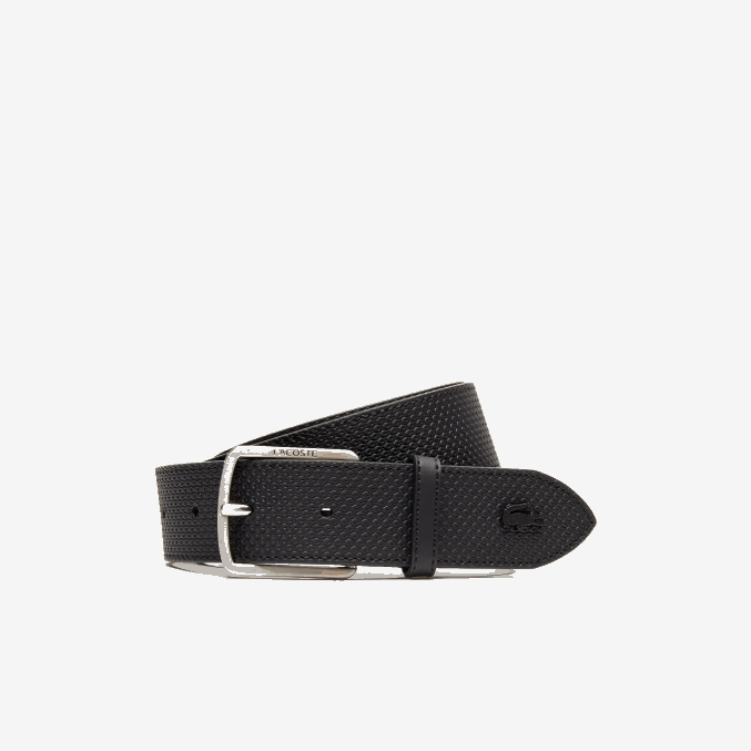 negro 000 VVL0A2075 hombres Lacoste cinturón de piel texturizada con hebilla grabada