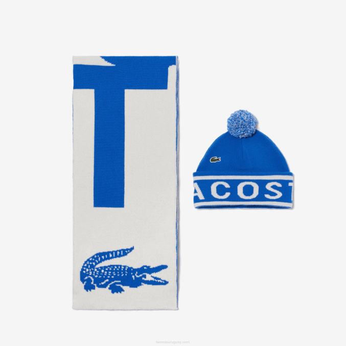 azul blanco vmz VVL0A2296 hombres Lacoste set de regalo de gorro y bufanda de punto jacquard