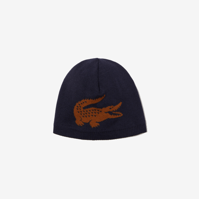 azul marino marron 1dy VVL0A2309 hombres Lacoste gorro de lana con cocodrilo en jacquard