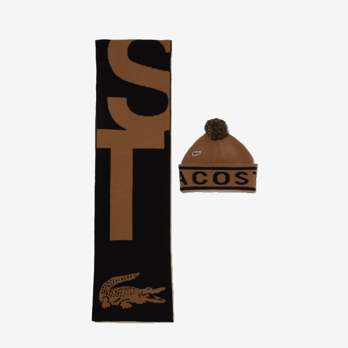 marrón negro xp9 VVL0A2297 hombres Lacoste set de regalo de gorro y bufanda de punto jacquard