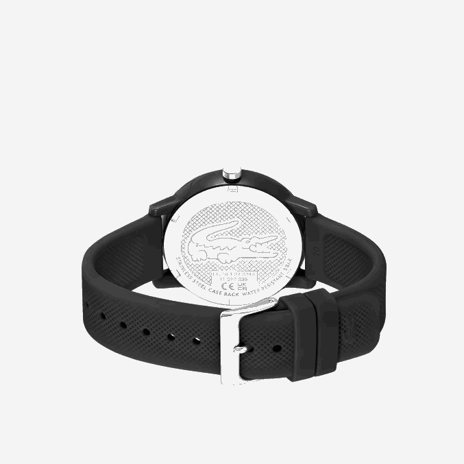 negro 000 VVL0A2191 hombres Lacoste Reloj 12.12 con correa de silicona negra.