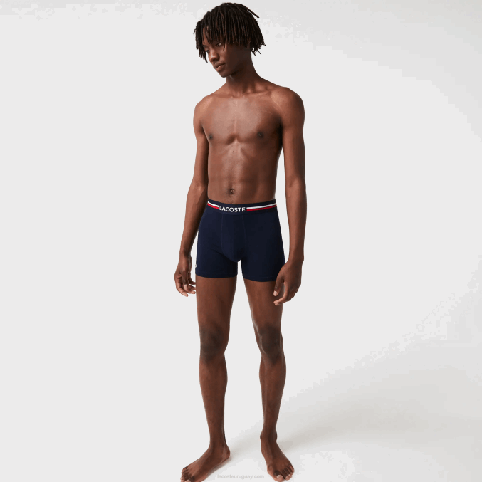 azul marino blanco 525 VVL0A1424 hombres Lacoste Pack de 3 calzoncillos bóxer largos de punto de algodón elástico