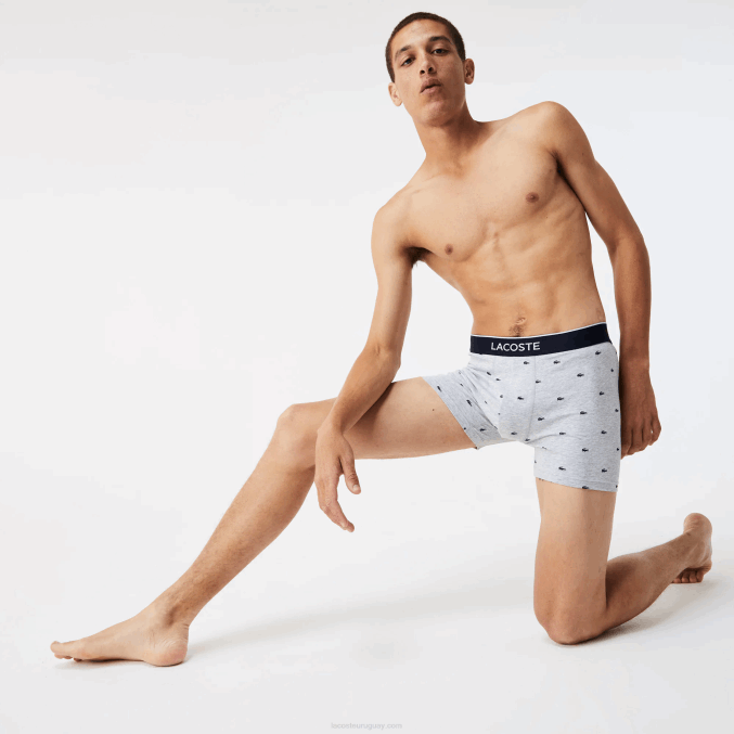 azul marino gris rojo chine w3t VVL0A1428 hombres Lacoste Pack de 3 calzoncillos bóxer largos de algodón elástico con cintura de la marca