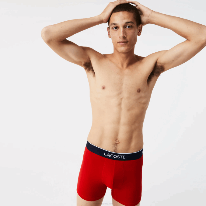 azul marino gris rojo chine w3t VVL0A1428 hombres Lacoste Pack de 3 calzoncillos bóxer largos de algodón elástico con cintura de la marca
