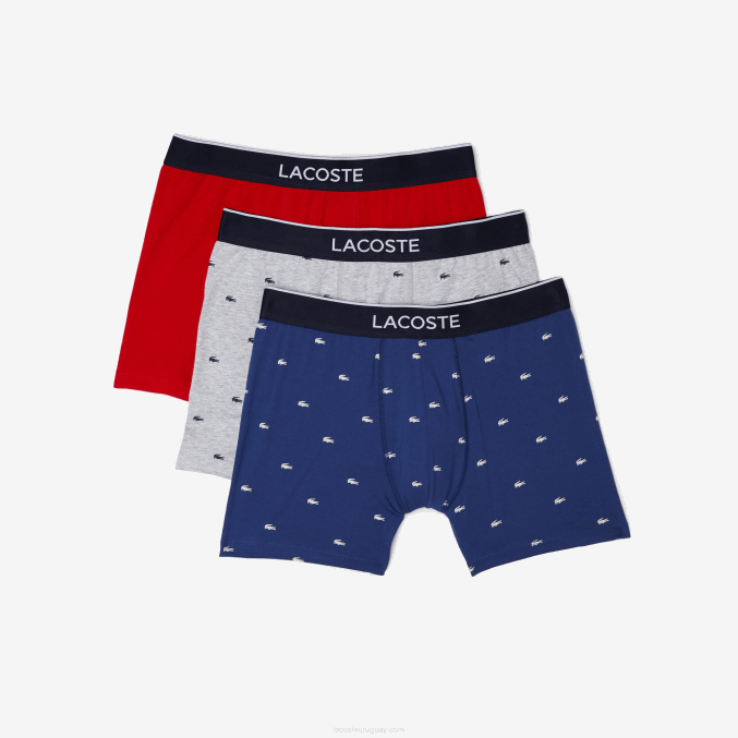 azul marino gris rojo chine w3t VVL0A1428 hombres Lacoste Pack de 3 calzoncillos bóxer largos de algodón elástico con cintura de la marca