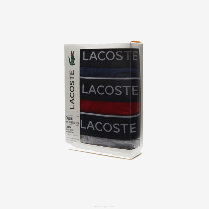 azul marino gris rojo chine w3t VVL0A1428 hombres Lacoste Pack de 3 calzoncillos bóxer largos de algodón elástico con cintura de la marca