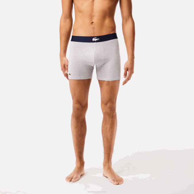 blanco gris chino azul marino bck VVL0A1369 hombres Lacoste Pack de 3 calzoncillos bóxer largos de algodón elástico con cintura de cocodrilo