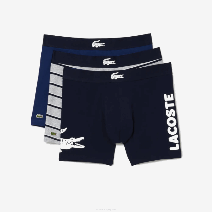 blanco gris chino azul marino bck VVL0A1369 hombres Lacoste Pack de 3 calzoncillos bóxer largos de algodón elástico con cintura de cocodrilo
