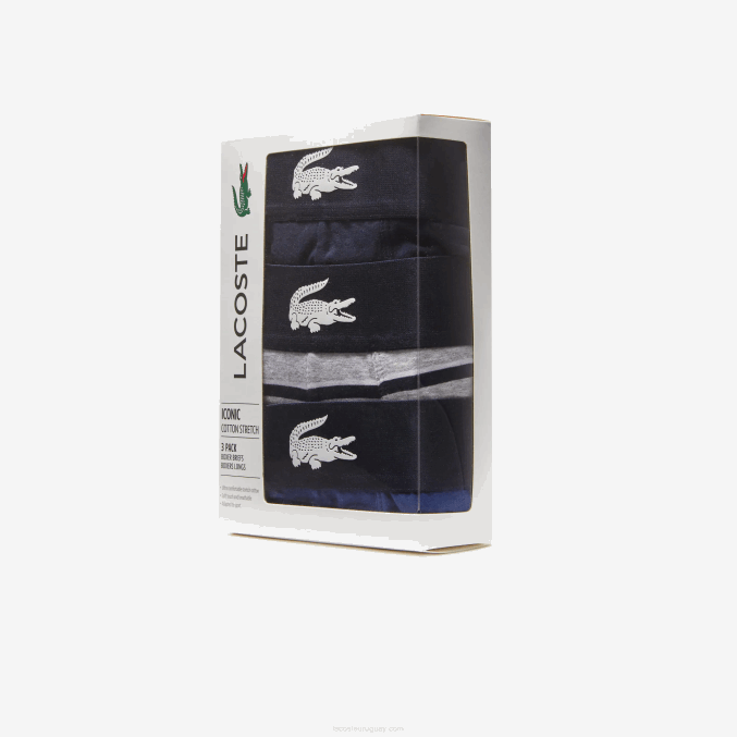 blanco gris chino azul marino bck VVL0A1369 hombres Lacoste Pack de 3 calzoncillos bóxer largos de algodón elástico con cintura de cocodrilo