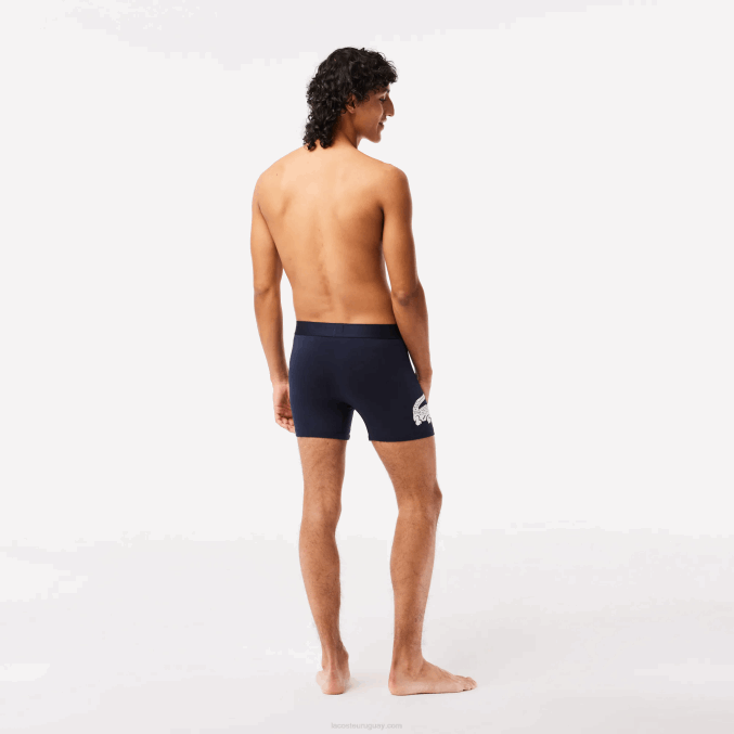 blanco gris chino azul marino bck VVL0A1369 hombres Lacoste Pack de 3 calzoncillos bóxer largos de algodón elástico con cintura de cocodrilo