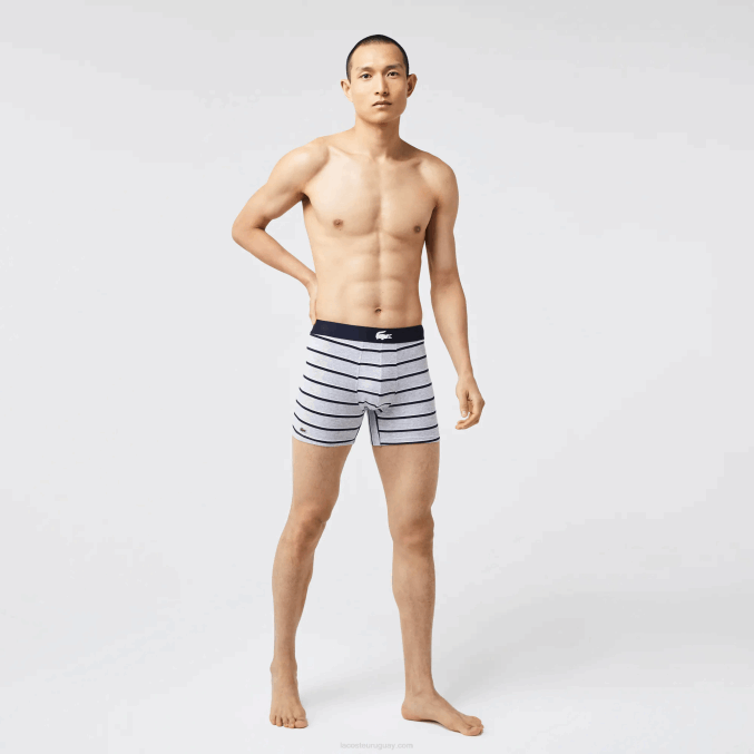 blanco gris chino azul marino bck VVL0A1369 hombres Lacoste Pack de 3 calzoncillos bóxer largos de algodón elástico con cintura de cocodrilo