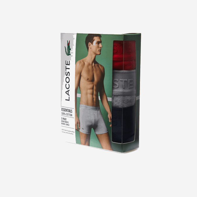 rojo gris chino azul marino w46 VVL0A1357 hombres Lacoste Pack de 3 calzoncillos bóxer largos de algodón con cintura con letras