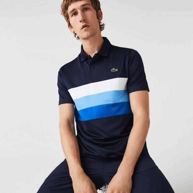 azul marino blanco azul zf2 VVL0A826 hombres Lacoste Polo deportivo de golf con raya tricolor