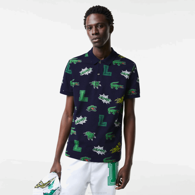 azul marino blanco qrn VVL0A631 hombres Lacoste polo de corte regular con estampado de cocodrilo