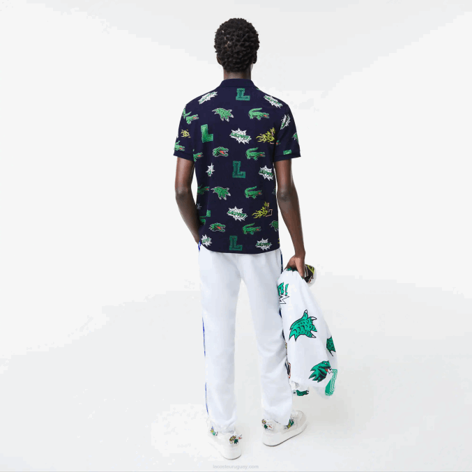 azul marino blanco qrn VVL0A631 hombres Lacoste polo de corte regular con estampado de cocodrilo