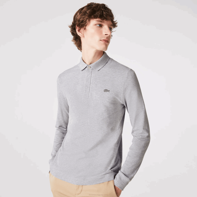 lomo gris cca VVL0A668 hombres Lacoste polo de piqué de algodón elástico de manga larga smart paris