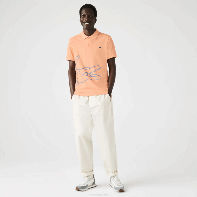 naranja claro heb VVL0A647 hombres Lacoste polo de corte regular en piqué de algodón con estampado de cocodrilo