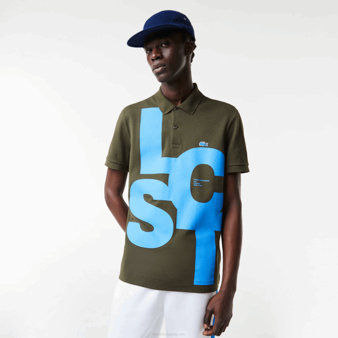 verde caqui s7t VVL0A712 hombres Lacoste polo de petit piqué con letras en contraste de corte regular