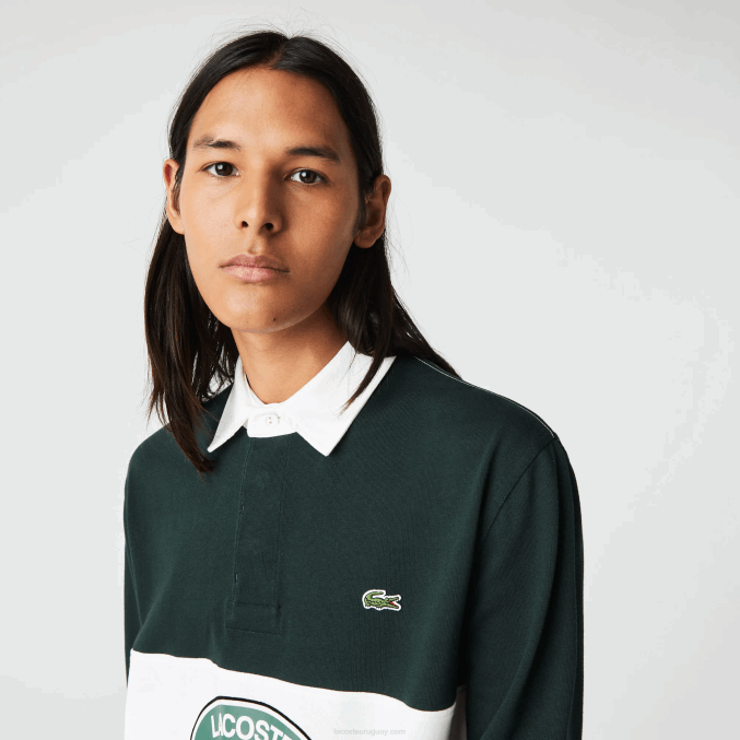 yzp verde VVL0A1687 hombres Lacoste polo de rugby holgado con logo