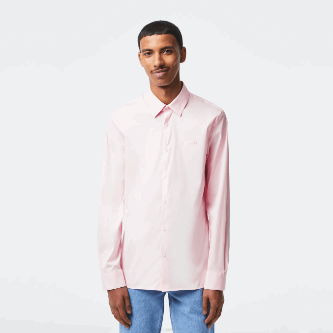 ady rosa claro VVL0A1440 hombres Lacoste camisa slim fit de popelina de algodón con cuello francés