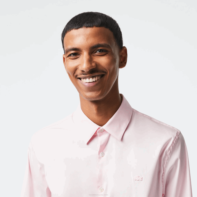 ady rosa claro VVL0A1440 hombres Lacoste camisa slim fit de popelina de algodón con cuello francés