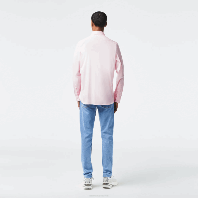 ady rosa claro VVL0A1440 hombres Lacoste camisa slim fit de popelina de algodón con cuello francés