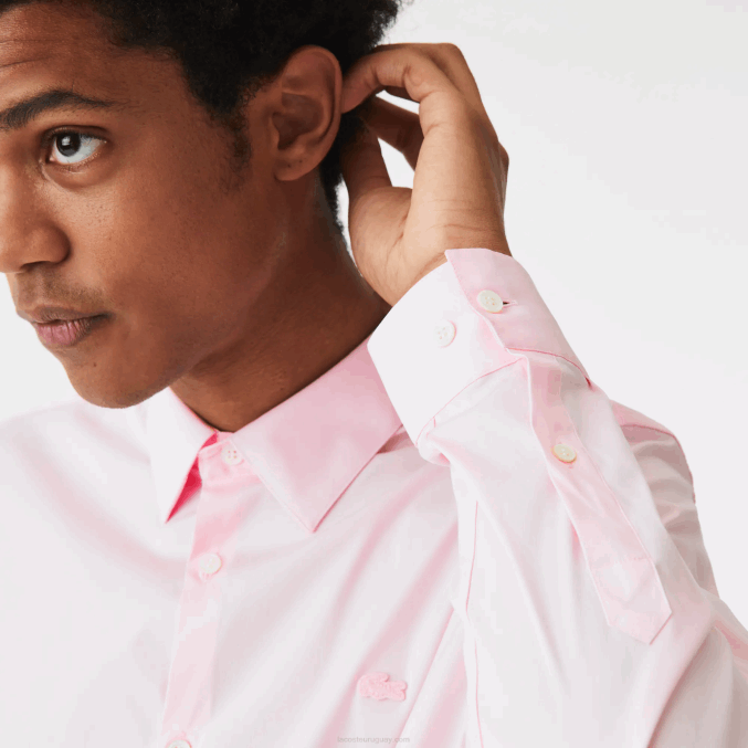 ady rosa claro VVL0A1440 hombres Lacoste camisa slim fit de popelina de algodón con cuello francés