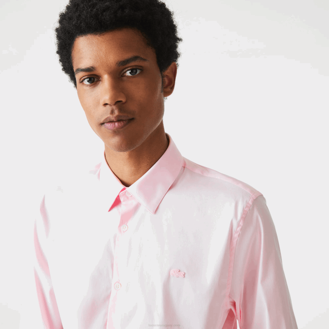 ady rosa claro VVL0A1440 hombres Lacoste camisa slim fit de popelina de algodón con cuello francés