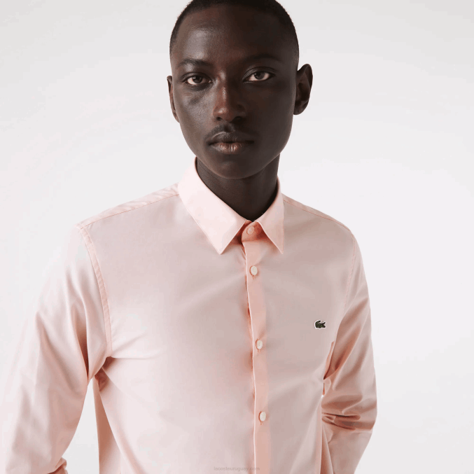 ady rosa claro VVL0A1490 hombres Lacoste camisa slim fit de popelín de algodón elástico