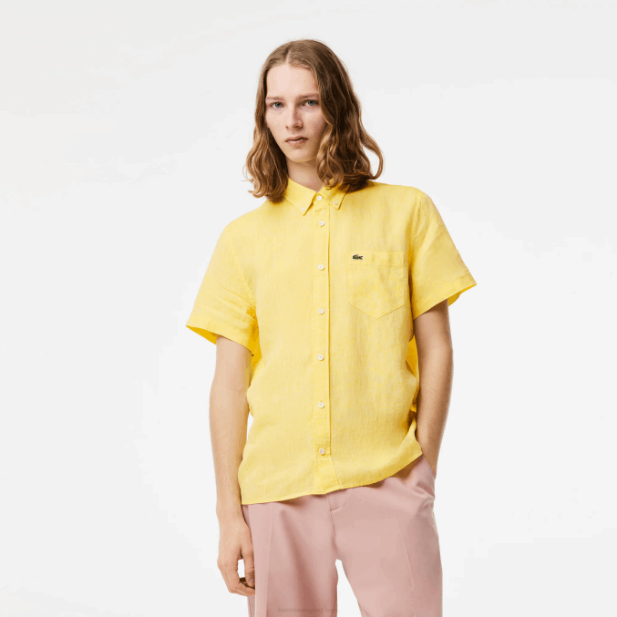 amarillo 107 VVL0A496 hombres Lacoste camisa de lino de manga corta