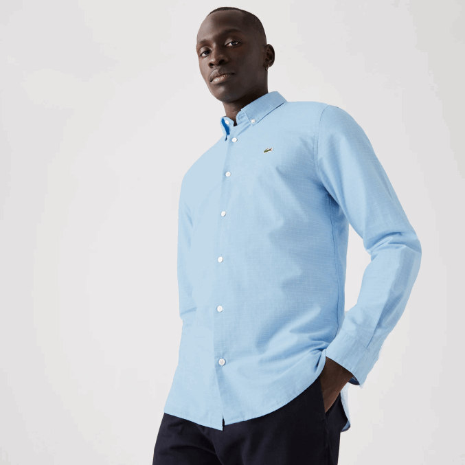 azul blanco fv2 VVL0A1647 hombres Lacoste camisa de cuadros de algodón y lino slim fit