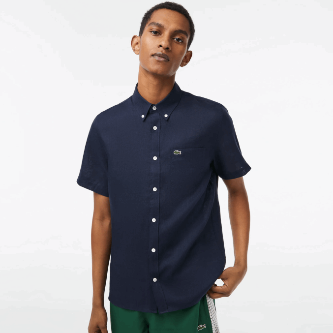 azul marino 166 VVL0A491 hombres Lacoste camisa de lino de manga corta