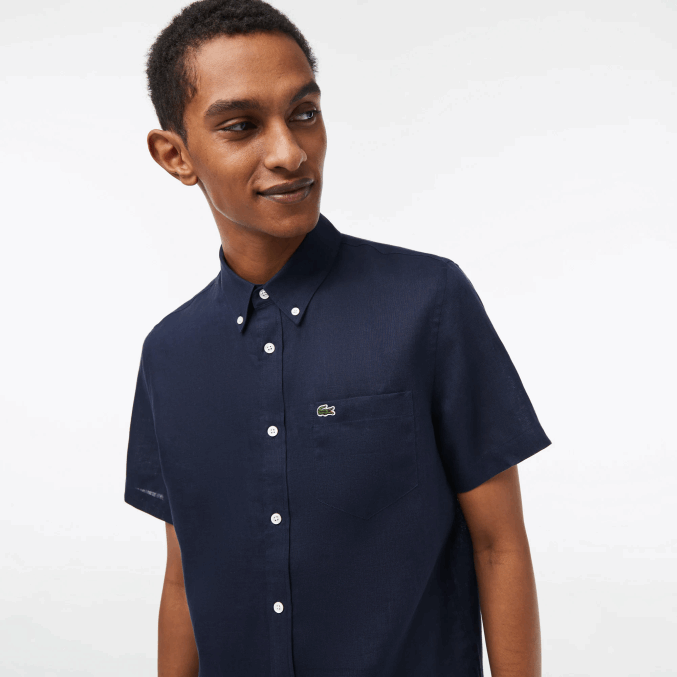 azul marino 166 VVL0A491 hombres Lacoste camisa de lino de manga corta