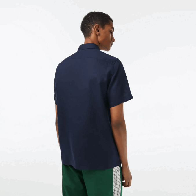 azul marino 166 VVL0A491 hombres Lacoste camisa de lino de manga corta