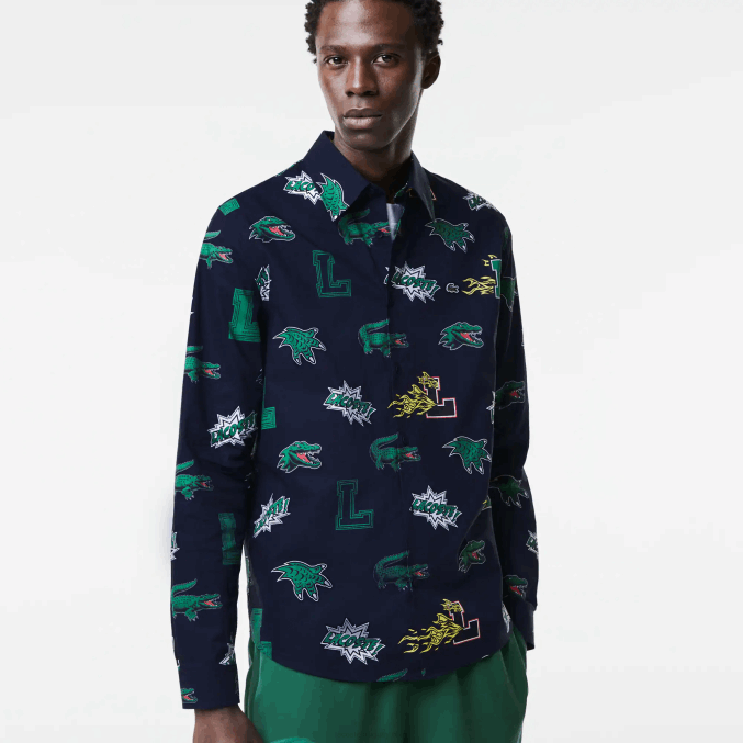 azul marino blanco qrn VVL0A1575 hombres Lacoste camisa regular fit con estampado de cocodrilo