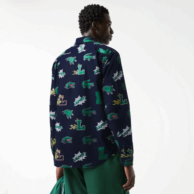 azul marino blanco qrn VVL0A1575 hombres Lacoste camisa regular fit con estampado de cocodrilo