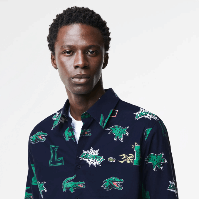 azul marino blanco qrn VVL0A1575 hombres Lacoste camisa regular fit con estampado de cocodrilo
