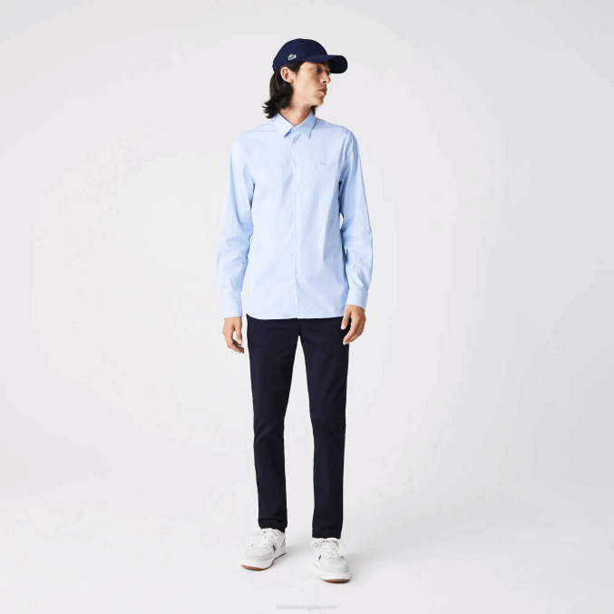 blanco azul f6z VVL0A400 hombres Lacoste camisa slim fit de popelina elástica a rayas