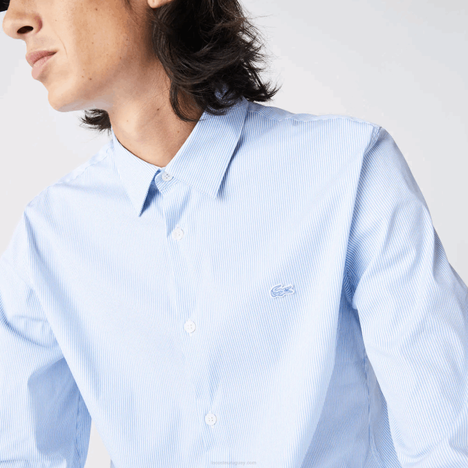blanco azul f6z VVL0A400 hombres Lacoste camisa slim fit de popelina elástica a rayas