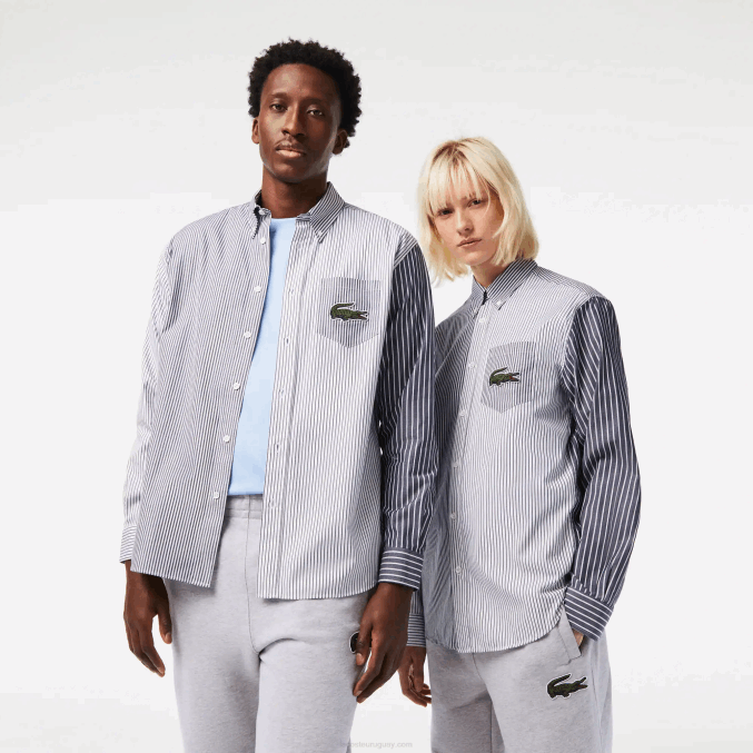 blanco azul marino 522 VVL0A493 hombres Lacoste camisa de algodón con rayas de cocodrilo grande
