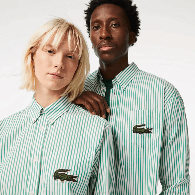 blanco verde 737 VVL0A411 hombres Lacoste camisa de corte holgado de algodón con cocodrilo grande