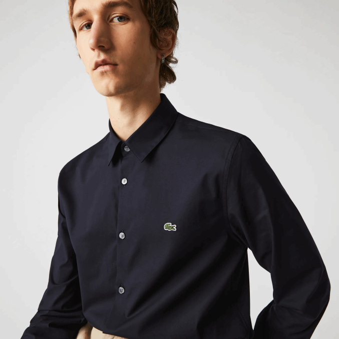 fondo azul marino VVL0A1487 hombres Lacoste camisa slim fit de popelín de algodón elástico