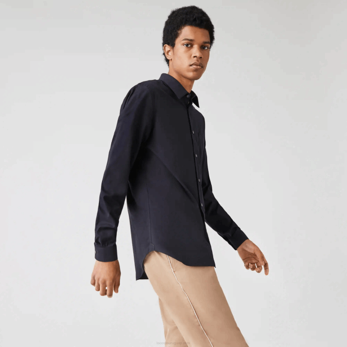 fondo azul marino VVL0A1613 hombres Lacoste camisa regular fit de popelina de algodón