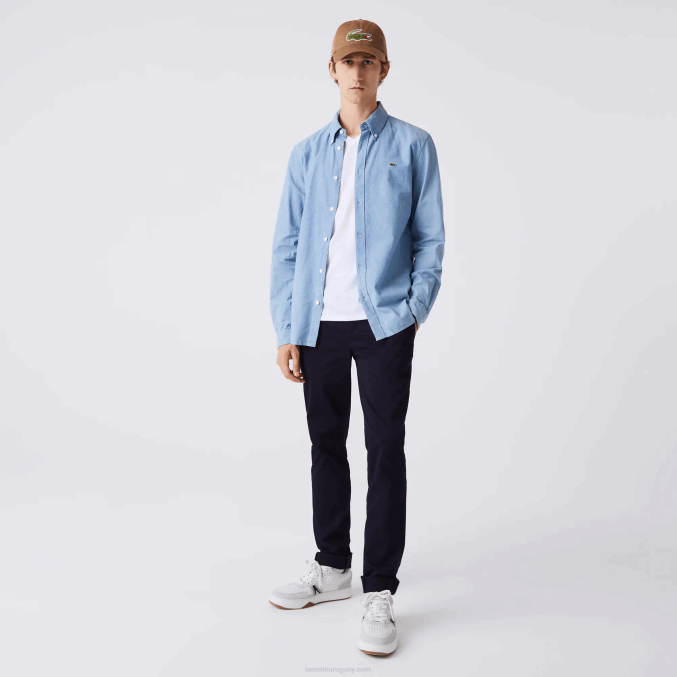 uex azul VVL0A1572 hombres Lacoste camisa slim fit de cambray de algodón