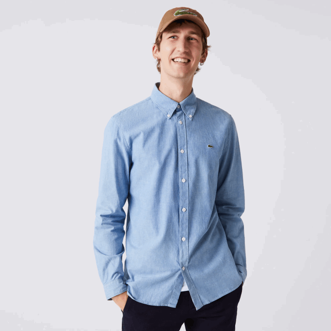 uex azul VVL0A1572 hombres Lacoste camisa slim fit de cambray de algodón