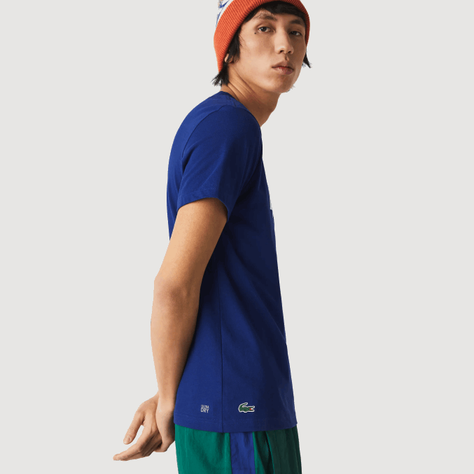 azul blanco gtd VVL0A794 hombres Lacoste Camiseta deportiva transpirable con estampado de tenis y cuello redondo