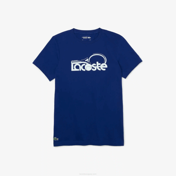 azul blanco gtd VVL0A794 hombres Lacoste Camiseta deportiva transpirable con estampado de tenis y cuello redondo