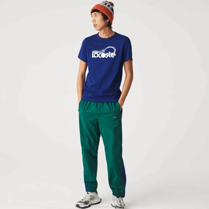 azul blanco gtd VVL0A794 hombres Lacoste Camiseta deportiva transpirable con estampado de tenis y cuello redondo